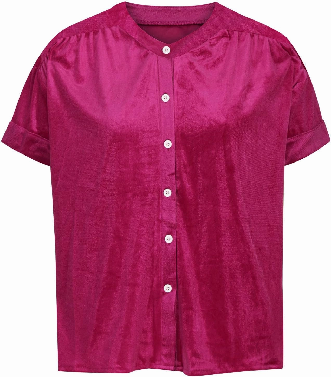 Tops for Women Lapel V Neck Solid Shirt Summer Velvet Tee Shirts Casual Roll Up Short Sleeve Button Down Blouses