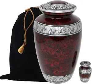 Touch4me Handcrafted Classic Forest Adult Metal Urn with Free Keepsake, Included Velvet Bag (Red) X7