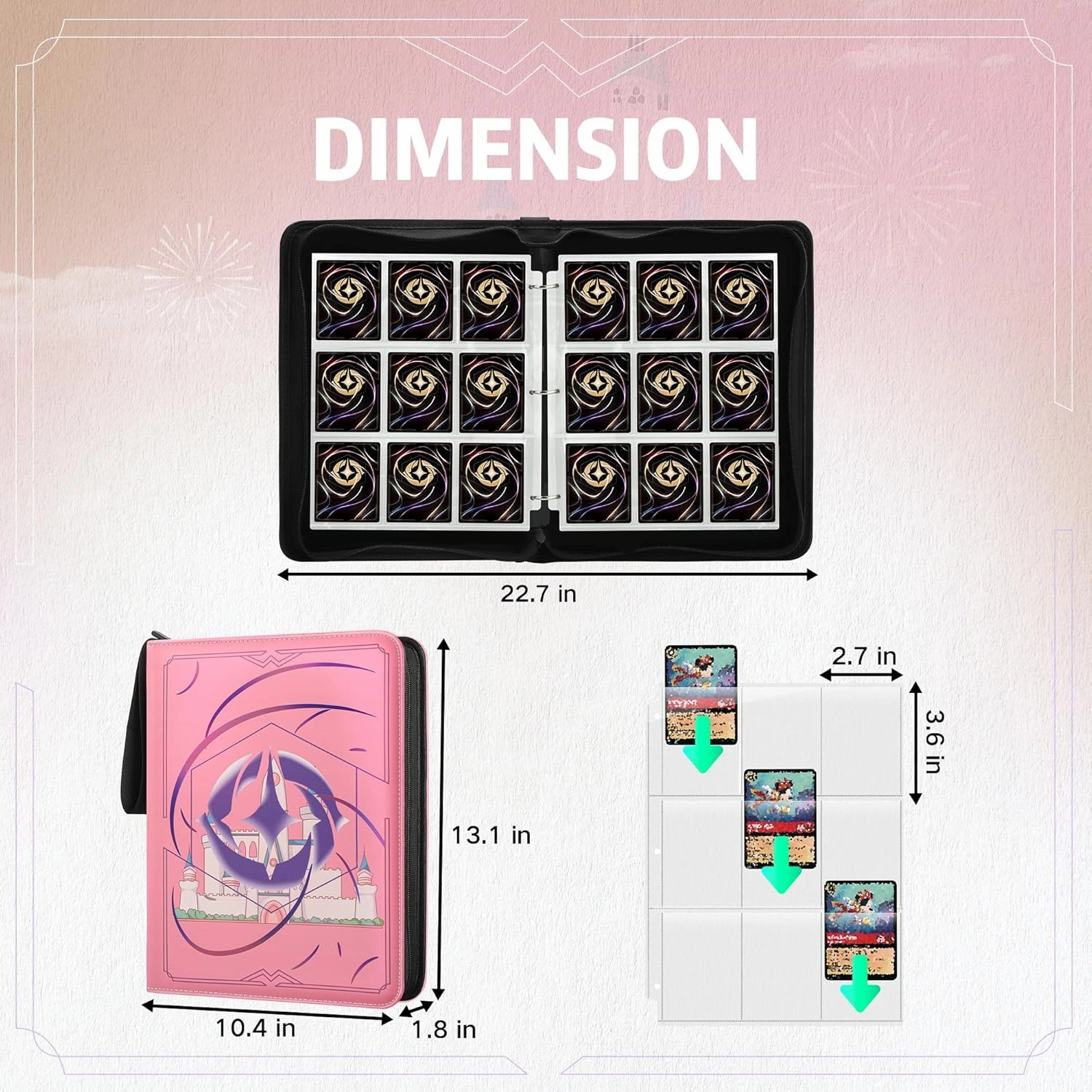 Trading Card Binder for Lorcana Cards Premium 9 Pocket Card Binder Compatible with Lorcana Cards 900 Pockets Capacity for TCG Storage Display Collection(Pink 9)