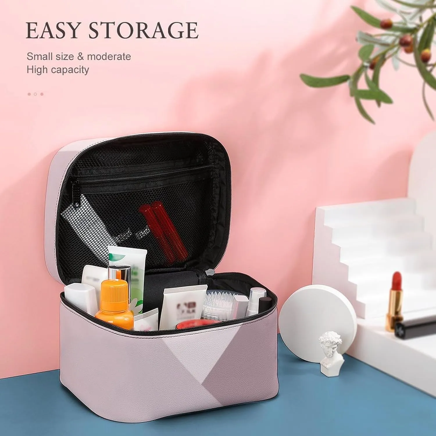 Travel Makeup Bag, Light Lavender Dusty Rose Blush Pink Cosmetic Bags for Women Large Capacity Waterproof Toiletry Bag Make up Organizer