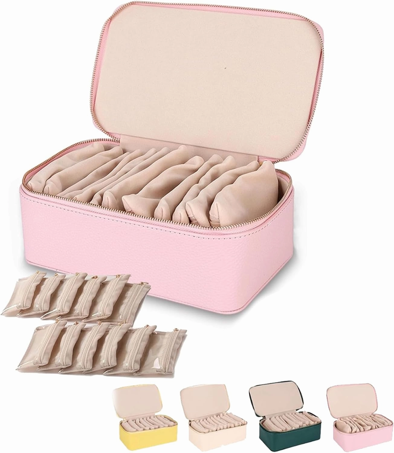 Travel Jewelry Box with Small Pouches,Leather Waterproof Organizer for Necklaces,with 12 small transparent Pouches,For Womens Earring, Necklace, Rings, Bracelets (Pink)