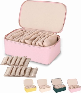 Travel Jewelry Box with Small Pouches,Leather Waterproof Organizer for Necklaces,with 12 small transparent Pouches,For Womens Earring, Necklace, Rings, Bracelets (Pink)
