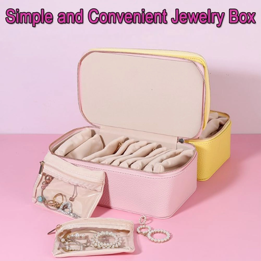 Travel Jewelry Box with Small Pouches,Leather Waterproof Organizer for Necklaces,with 12 small transparent Pouches,For Womens Earring, Necklace, Rings, Bracelets (Pink)