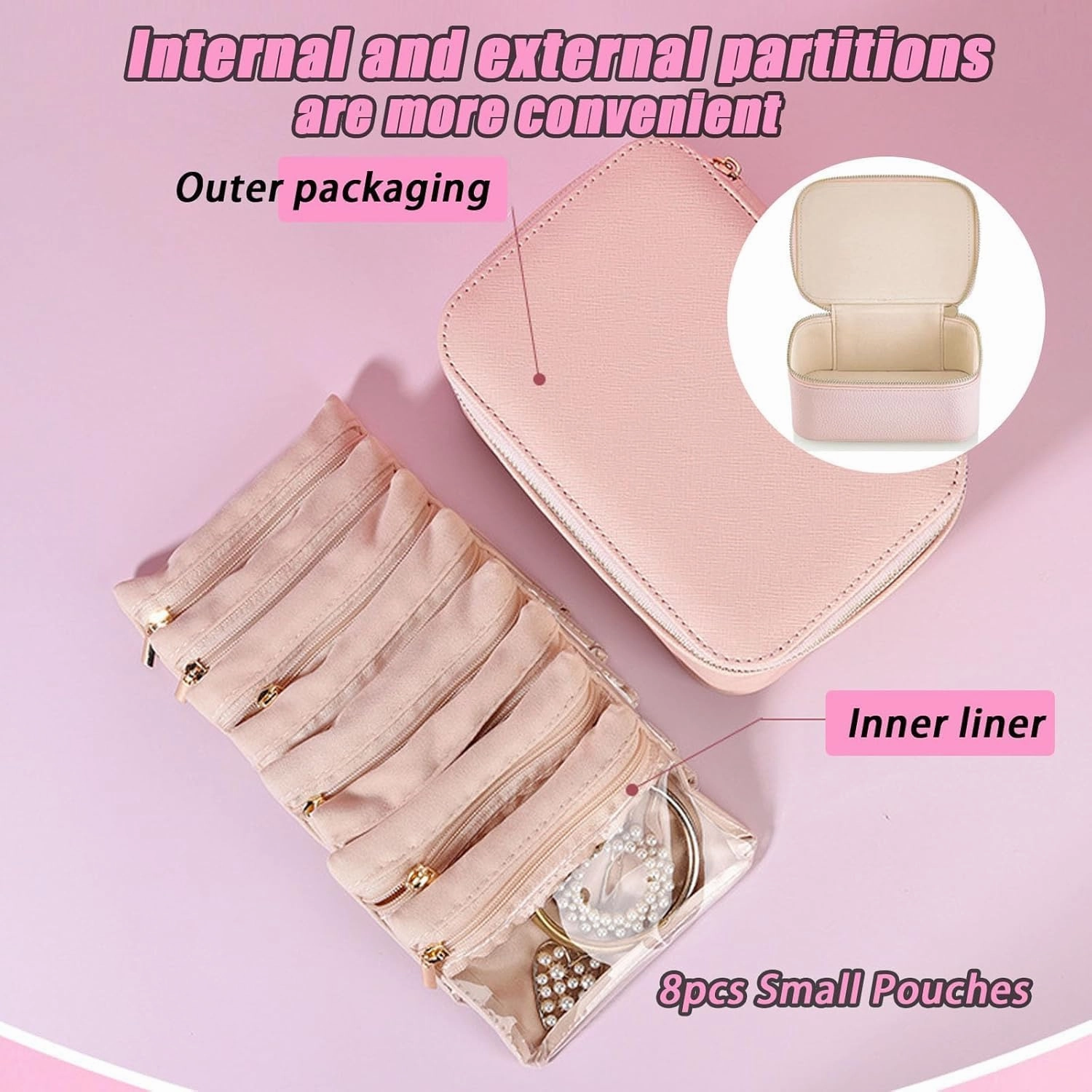 Travel Jewelry Box with Small Pouches,Leather Waterproof Organizer for Necklaces,with 12 small transparent Pouches,For Womens Earring, Necklace, Rings, Bracelets (Pink)