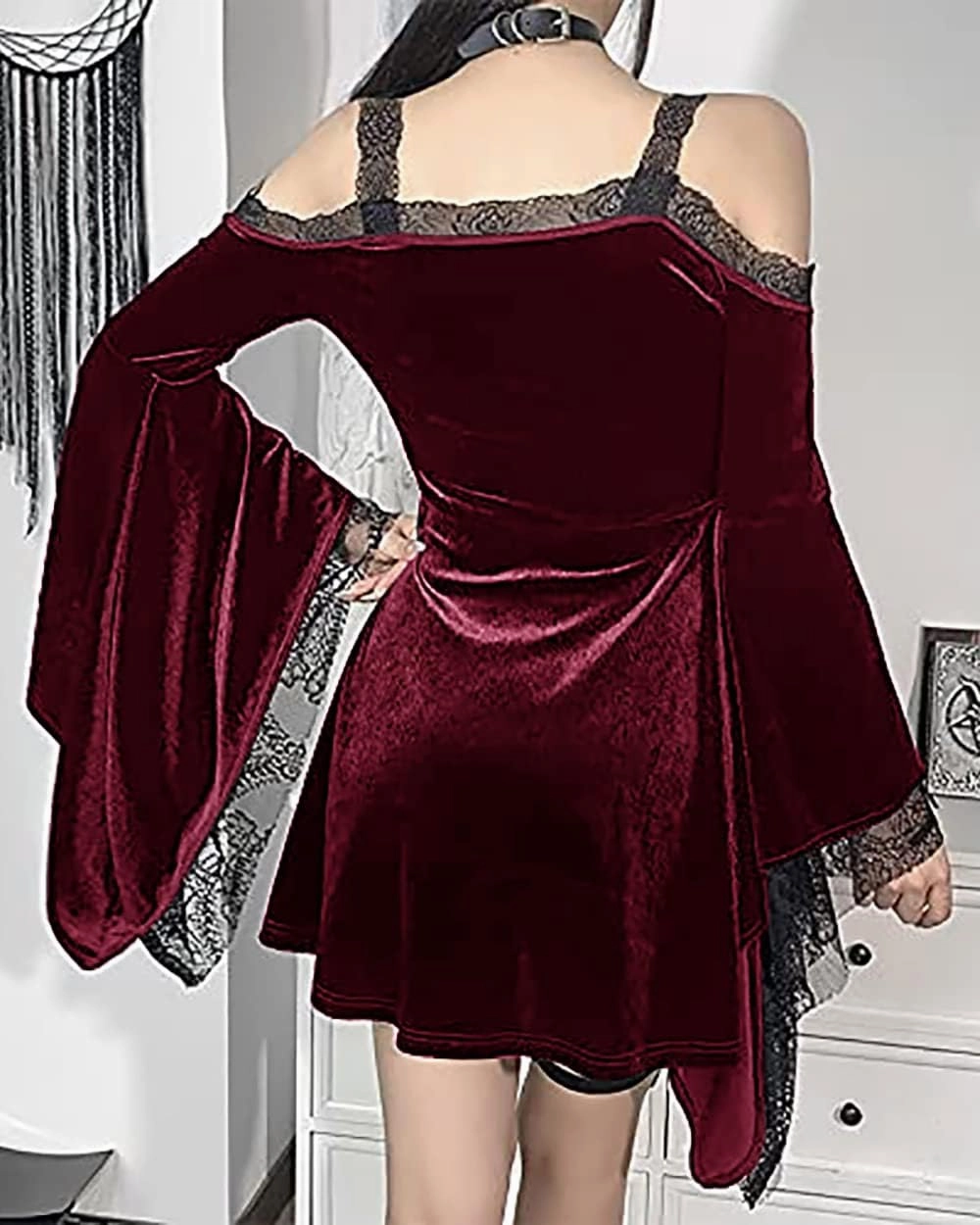 TSMNZMU Gothic Velvet Halter Dress Long Flare Sleeve High Waist Fairy Lolita Dresses Punk Grunge Vintage Vampire Clothes