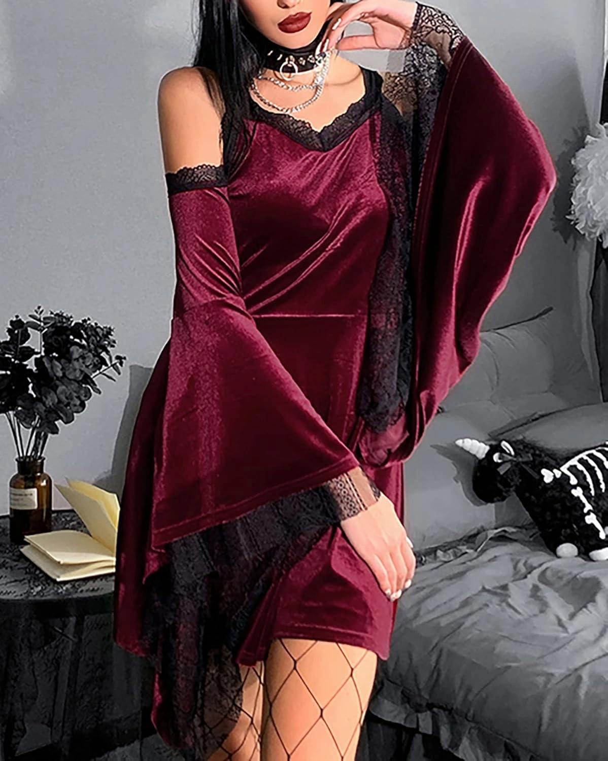 TSMNZMU Gothic Velvet Halter Dress Long Flare Sleeve High Waist Fairy Lolita Dresses Punk Grunge Vintage Vampire Clothes