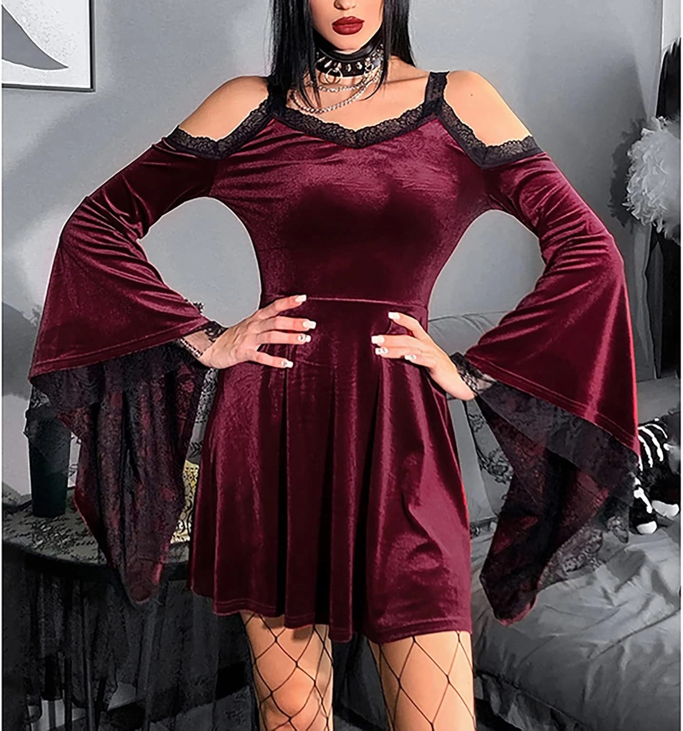 TSMNZMU Gothic Velvet Halter Dress Long Flare Sleeve High Waist Fairy Lolita Dresses Punk Grunge Vintage Vampire Clothes