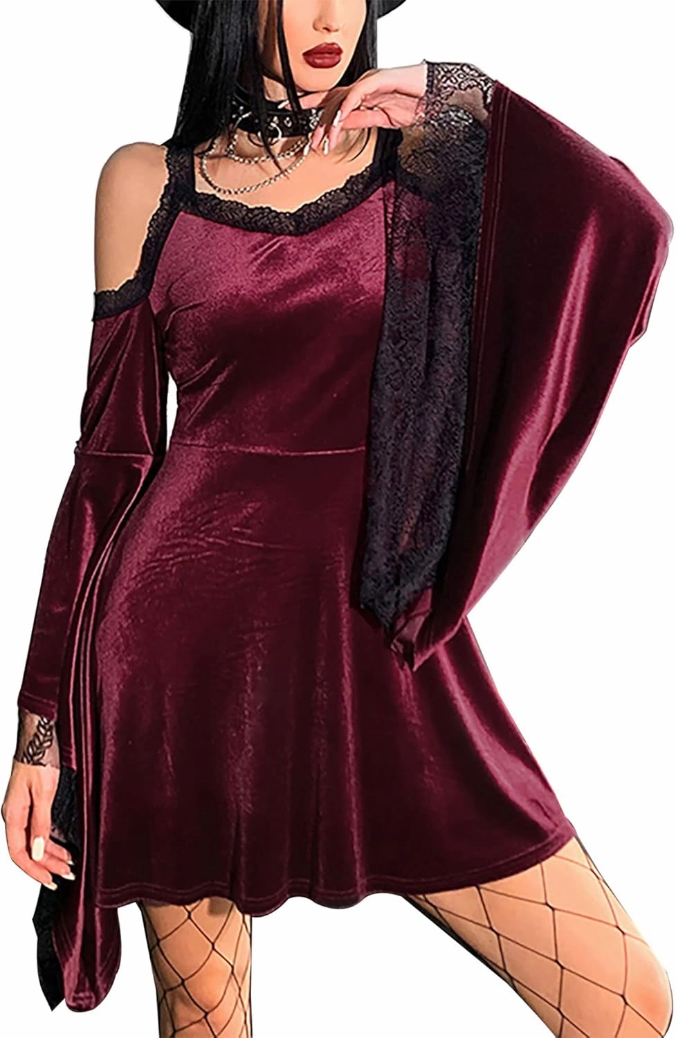 TSMNZMU Gothic Velvet Halter Dress Long Flare Sleeve High Waist Fairy Lolita Dresses Punk Grunge Vintage Vampire Clothes