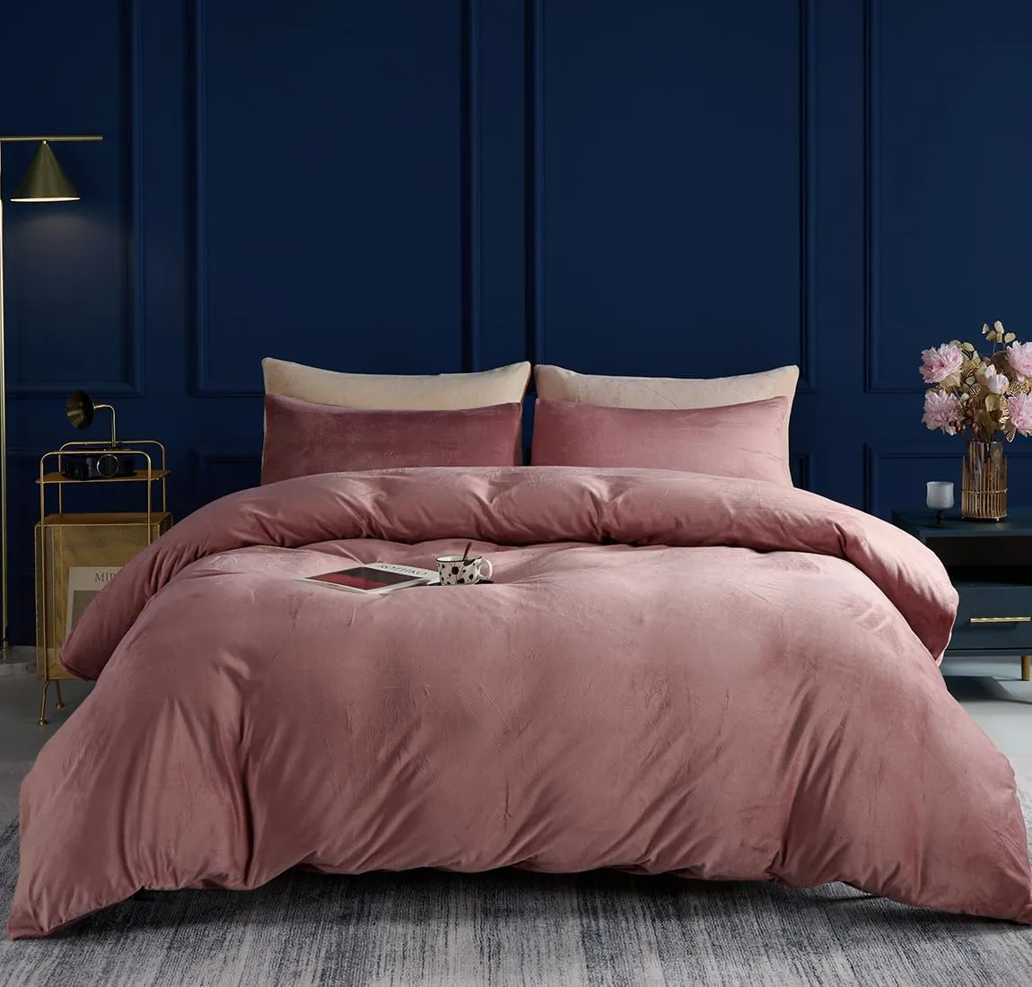 TUMEI 3PCS Velvet Duvet Cover King bvcx, Comforter Duvet Cover Set Queen Size, Luxury Bedding Soft Fluffy Velvet Zipper Closure, Blush Pink (King,No Comforter)