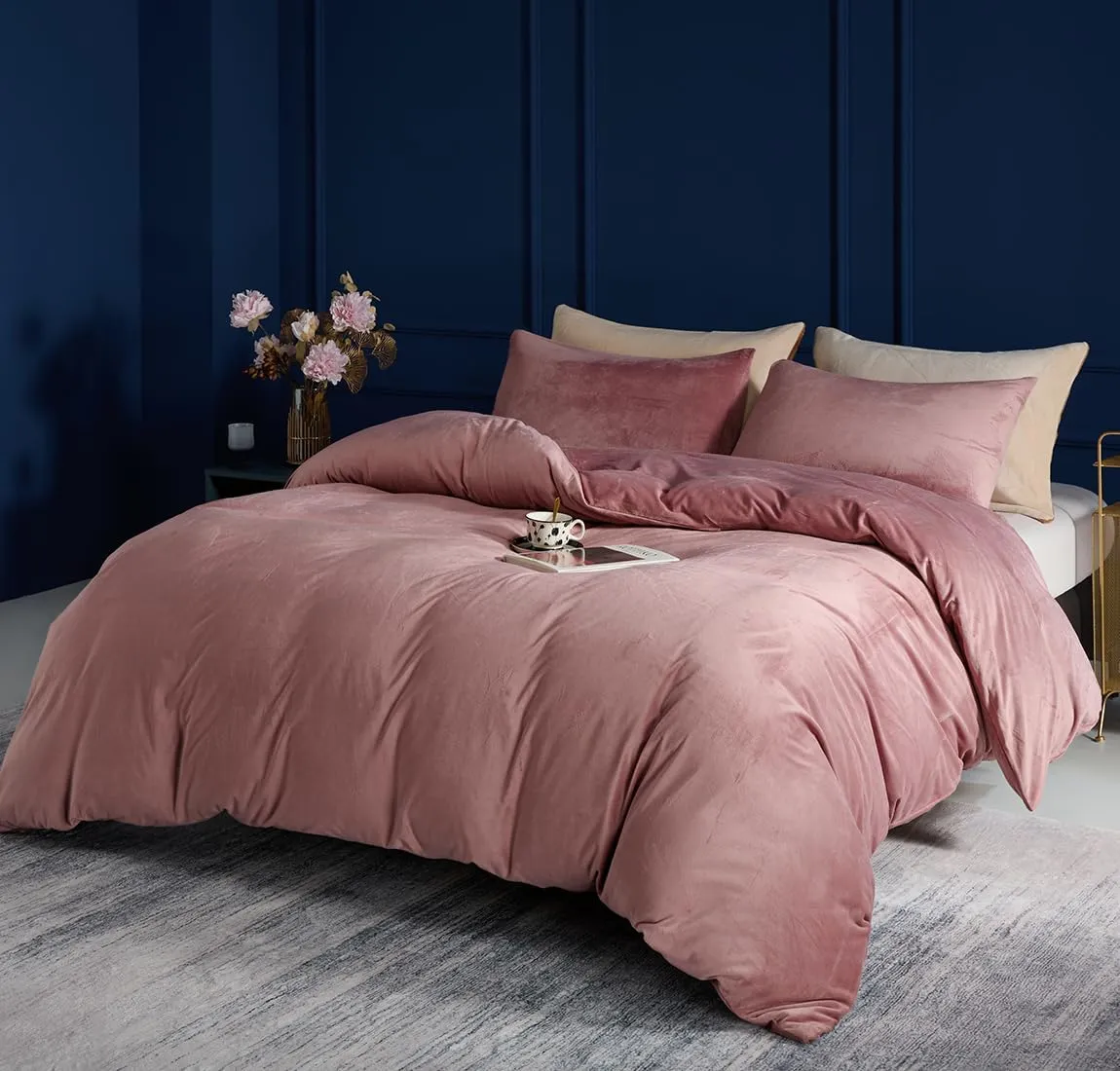 TUMEI 3PCS Velvet Duvet Cover King bvcx, Comforter Duvet Cover Set Queen Size, Luxury Bedding Soft Fluffy Velvet Zipper Closure, Blush Pink (King,No Comforter)