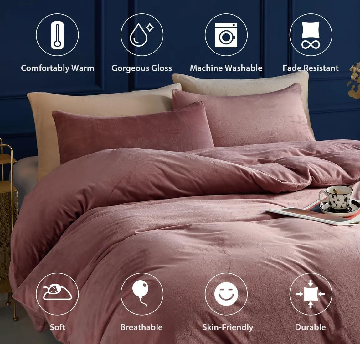 TUMEI 3PCS Velvet Duvet Cover King bvcx, Comforter Duvet Cover Set Queen Size, Luxury Bedding Soft Fluffy Velvet Zipper Closure, Blush Pink (King,No Comforter)
