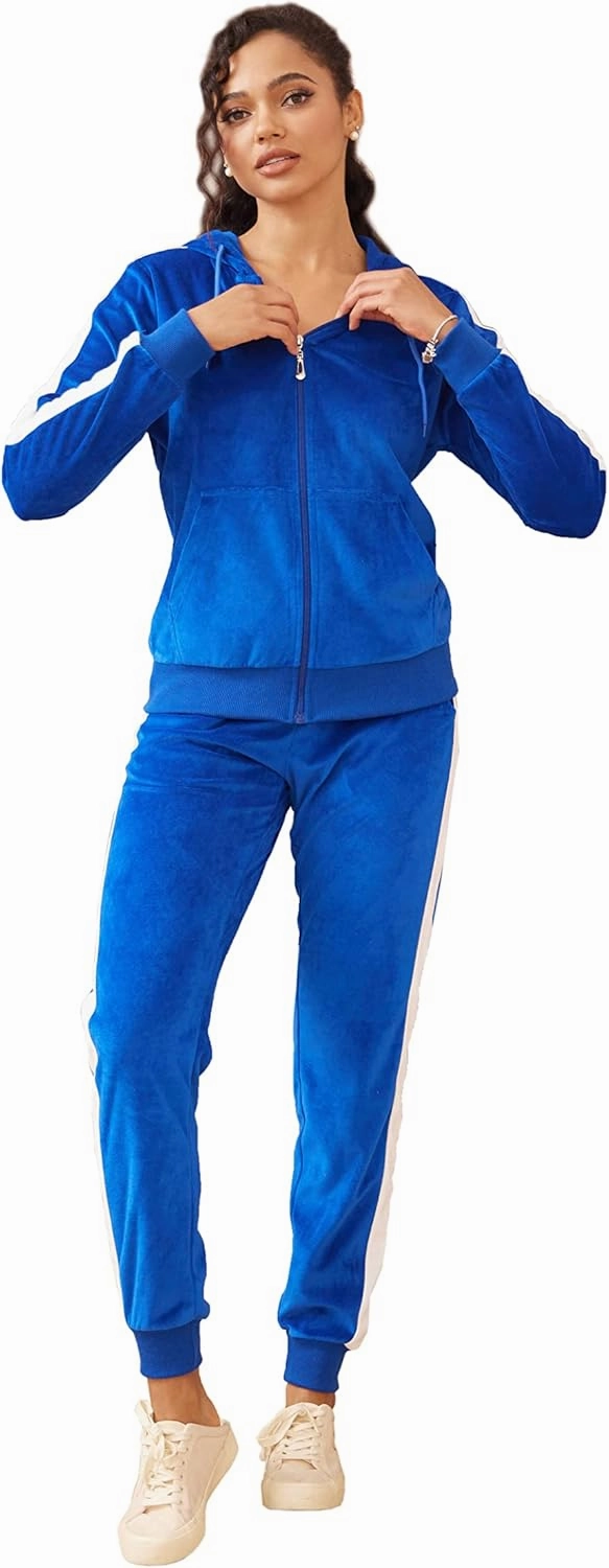 Velour Tracksuit Womens Sweatsuit Set - Athletic Zip Up Hoodies and Sweatpants Outfits with Stripes