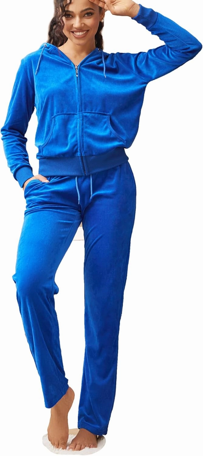 Velour Tracksuit Womens Sweatsuit Set - Athletic Zip Up Hoodies and Sweatpants Outfits with Stripes