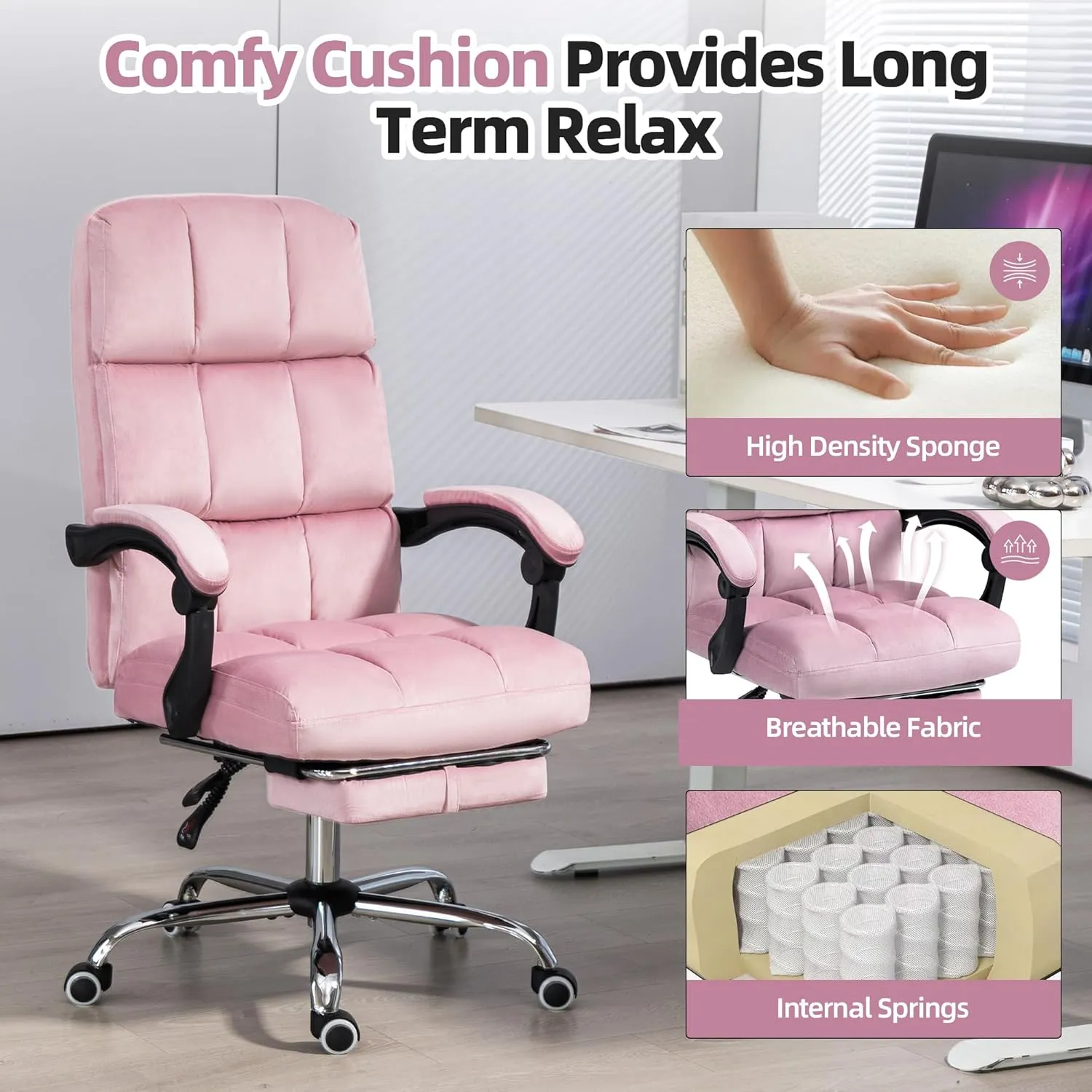 Velvet Executive Chair, Ergonomic Office Chair with Footrest, Height Adjustable,Plush and Comfy Reclining Desk Chair for Home Office and Workspace Pink