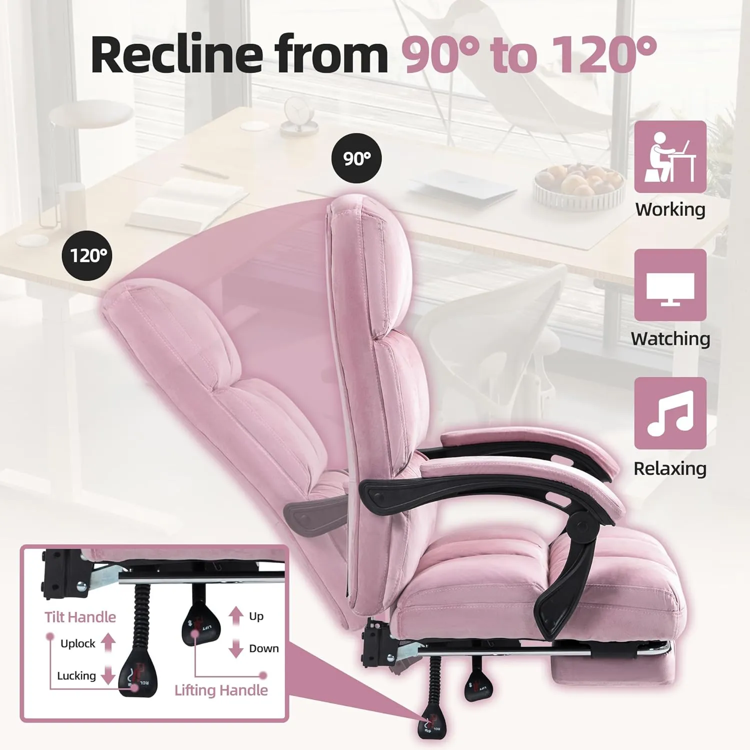 Velvet Executive Chair, Ergonomic Office Chair with Footrest, Height Adjustable,Plush and Comfy Reclining Desk Chair for Home Office and Workspace Pink