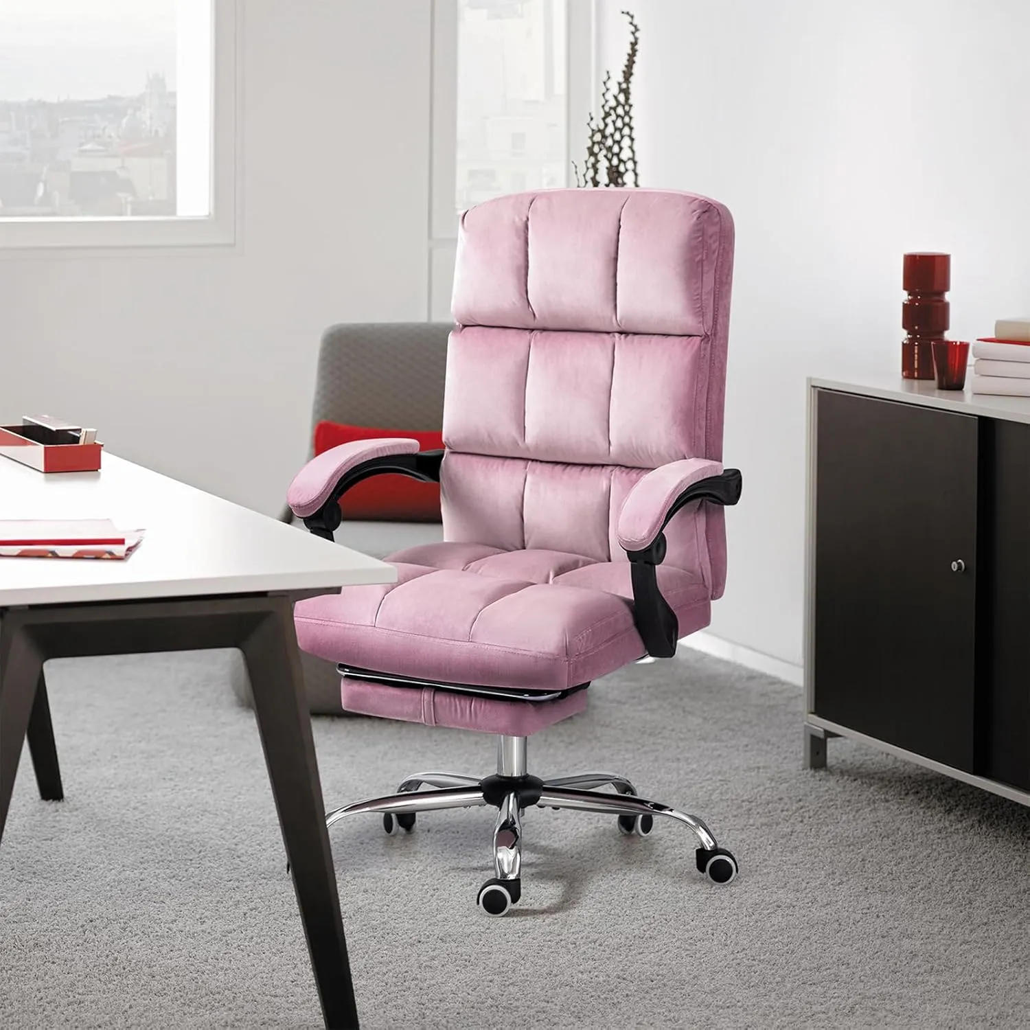 Velvet Executive Chair, Ergonomic Office Chair with Footrest, Height Adjustable,Plush and Comfy Reclining Desk Chair for Home Office and Workspace Pink