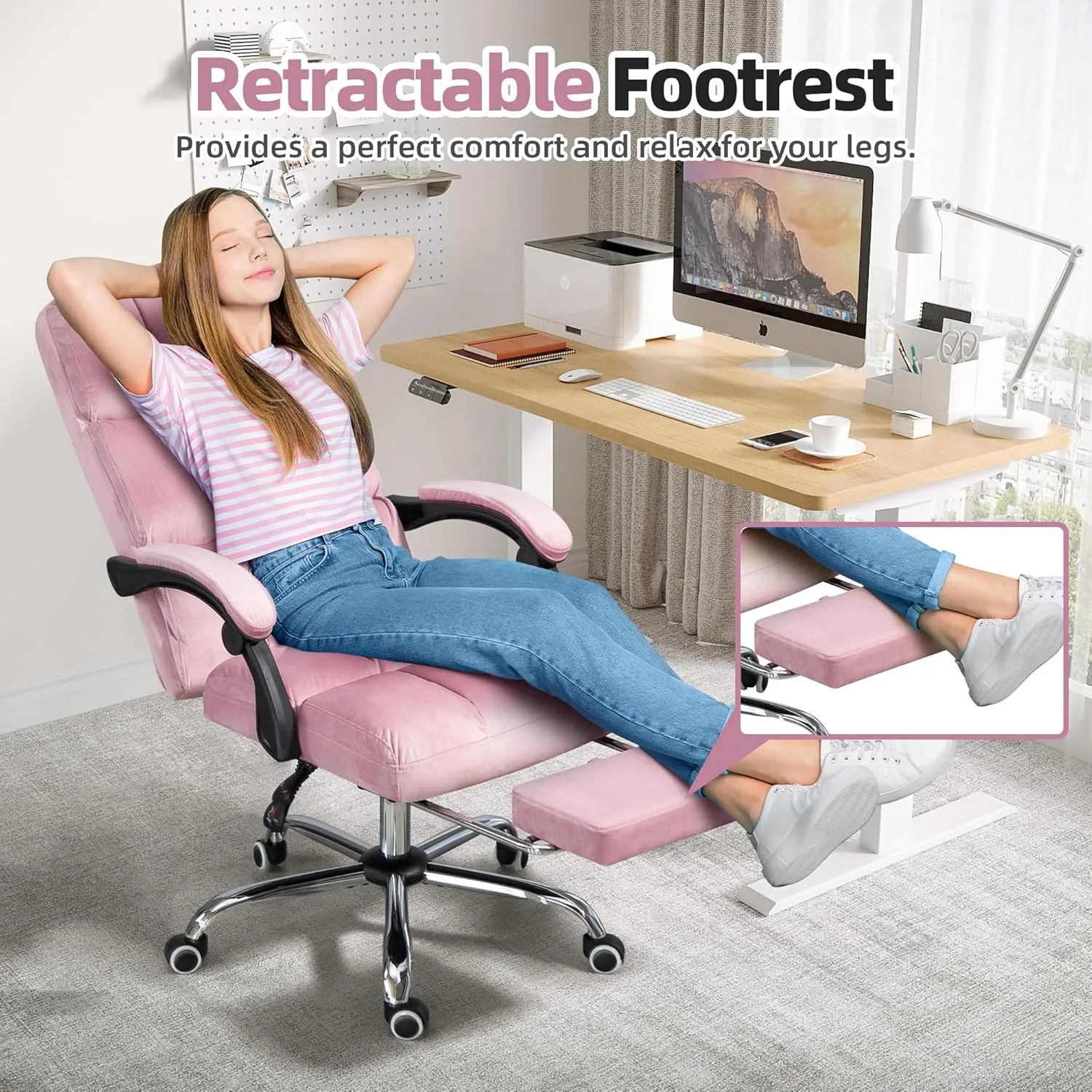 Velvet Executive Chair, Ergonomic Office Chair with Footrest, Height Adjustable,Plush and Comfy Reclining Desk Chair for Home Office and Workspace Pink