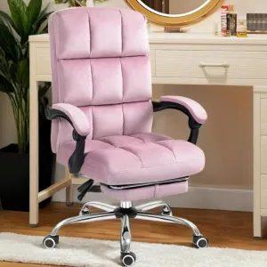 Velvet Executive Chair, Ergonomic Office Chair with Footrest, Height Adjustable,Plush and Comfy Reclining Desk Chair for Home Office and Workspace Pink