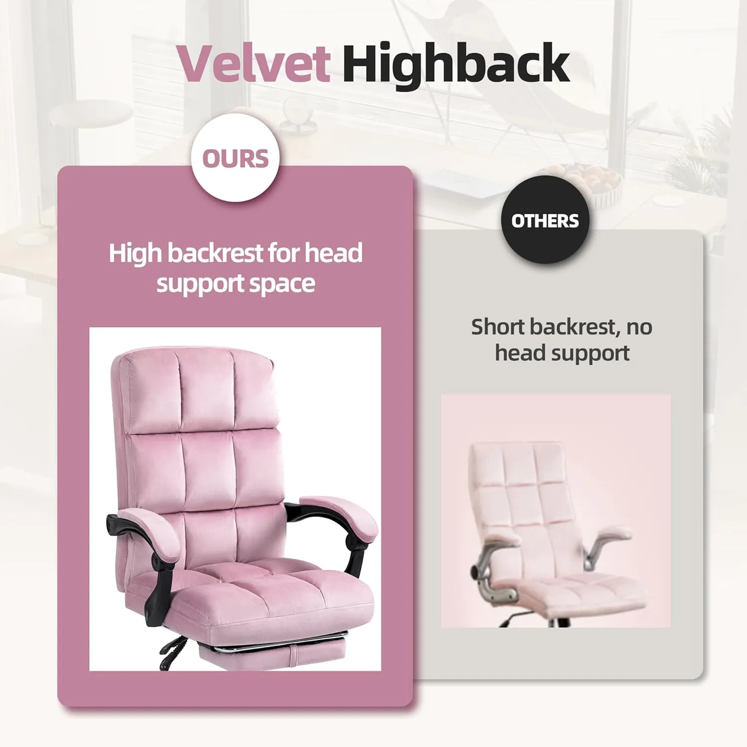 Velvet Executive Chair, Ergonomic Office Chair with Footrest, Height Adjustable,Plush and Comfy Reclining Desk Chair for Home Office and Workspace Pink