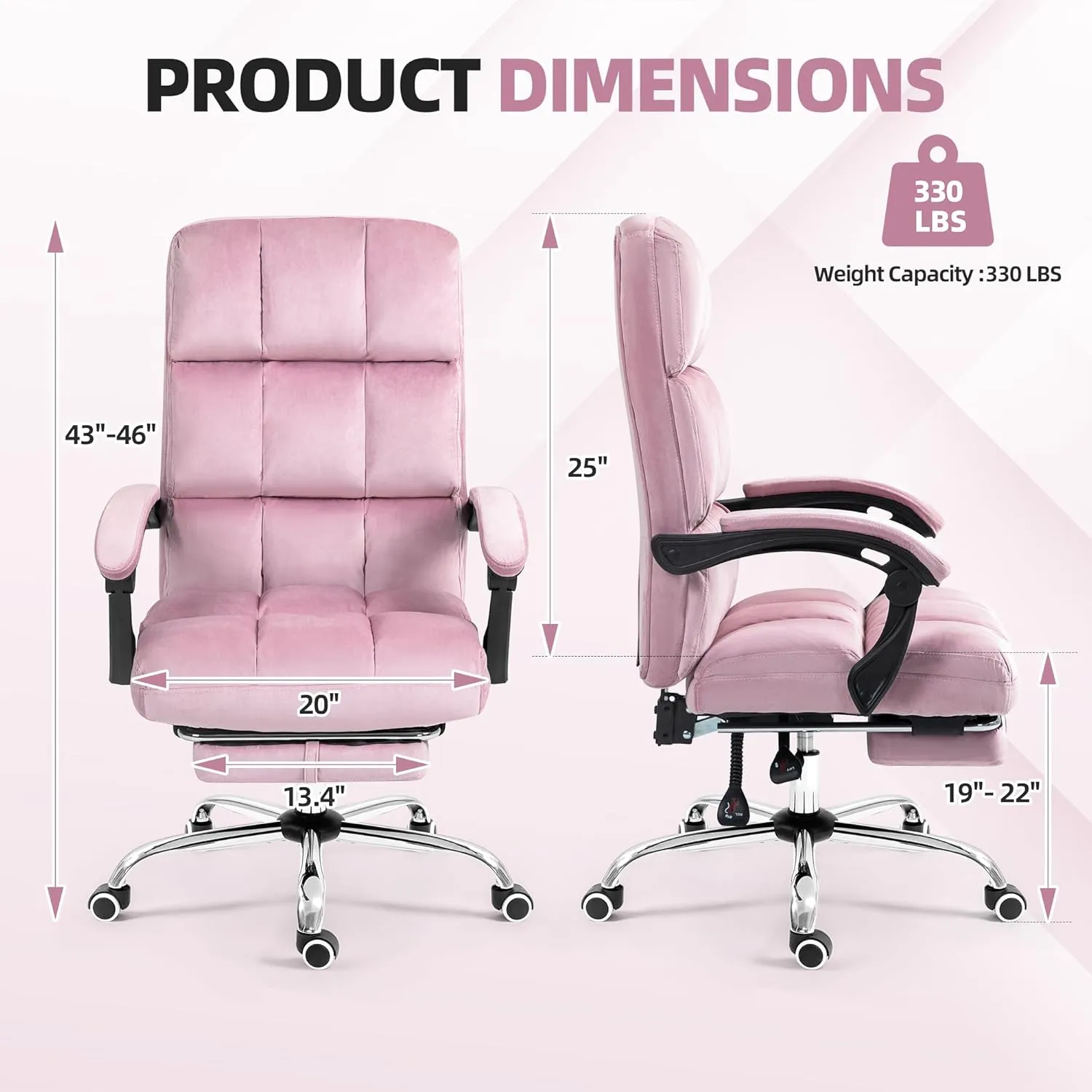 Velvet Executive Chair, Ergonomic Office Chair with Footrest, Height Adjustable,Plush and Comfy Reclining Desk Chair for Home Office and Workspace Pink
