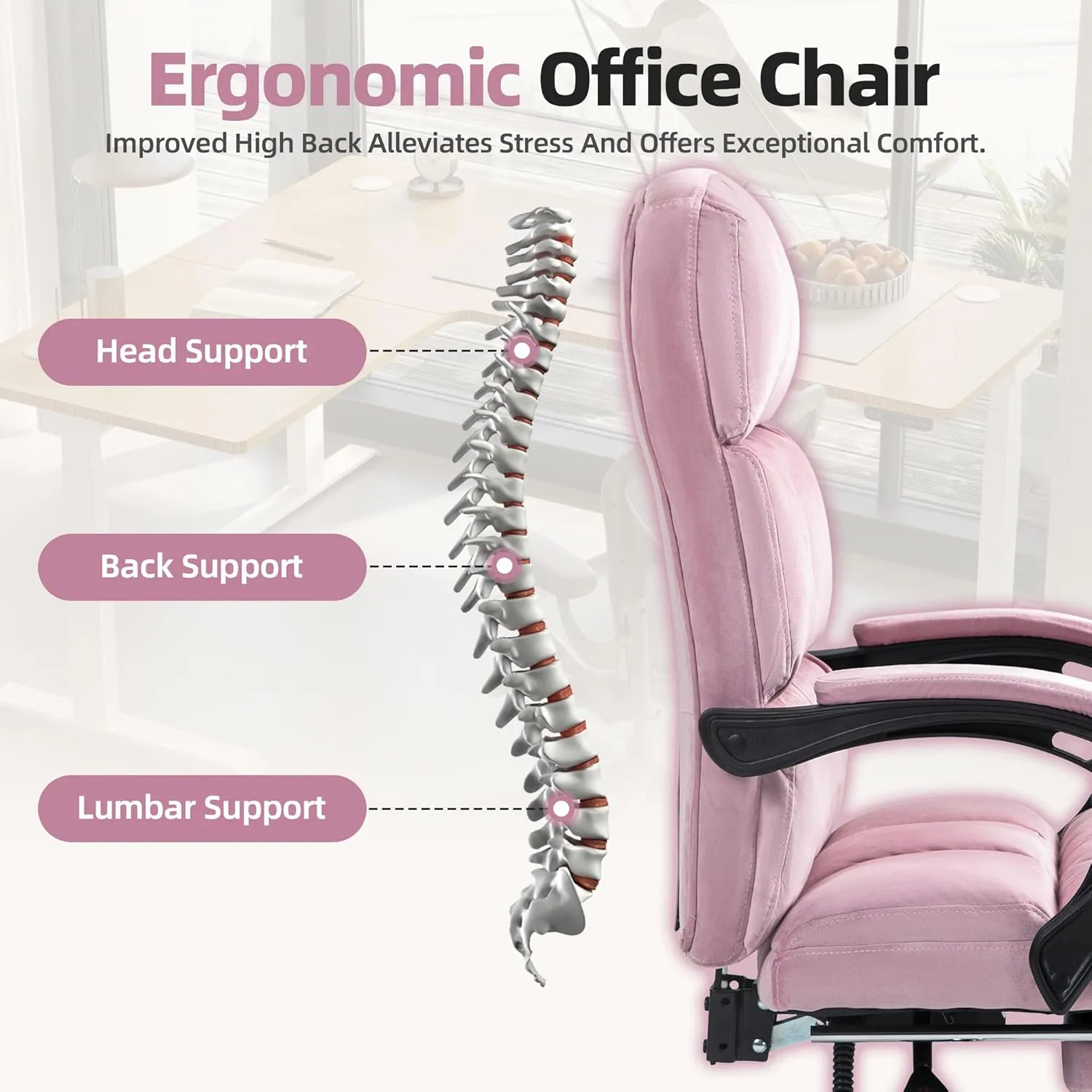 Velvet Executive Chair, Ergonomic Office Chair with Footrest, Height Adjustable,Plush and Comfy Reclining Desk Chair for Home Office and Workspace Pink