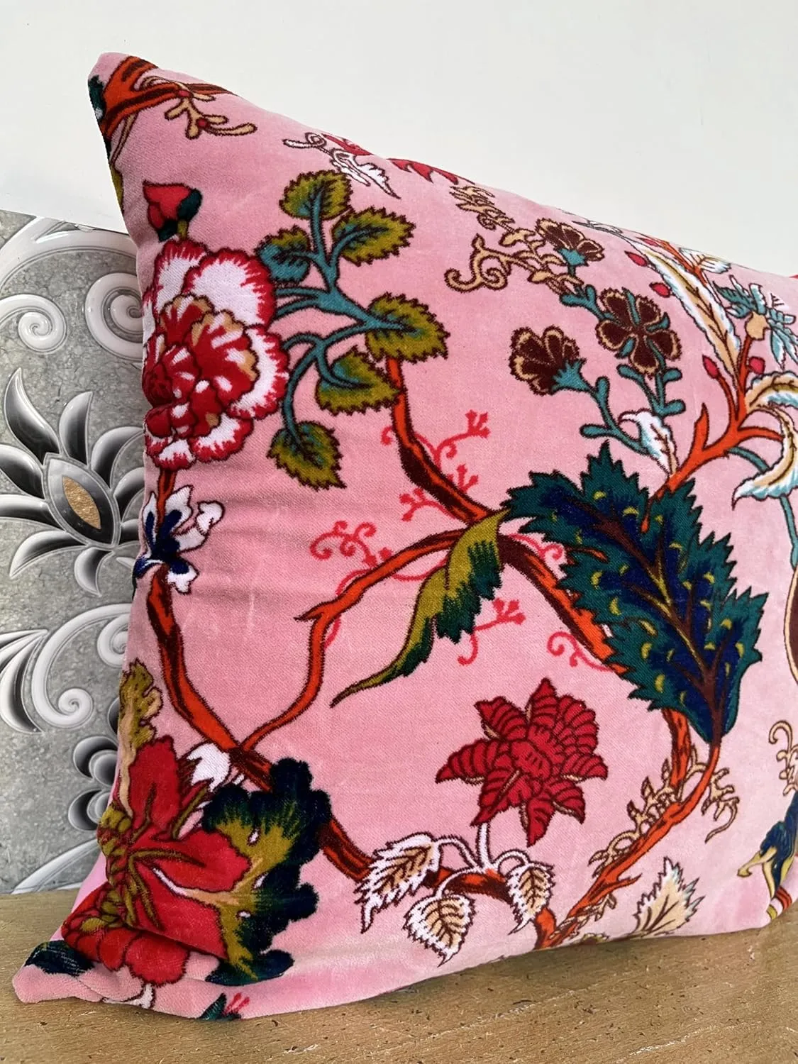 Velvet Floral Flower Throw Pillow Cover, Couch Bohemian Accent, 18 x 18 inches, Colorful Boho Chic (Pink, 24" x 24")