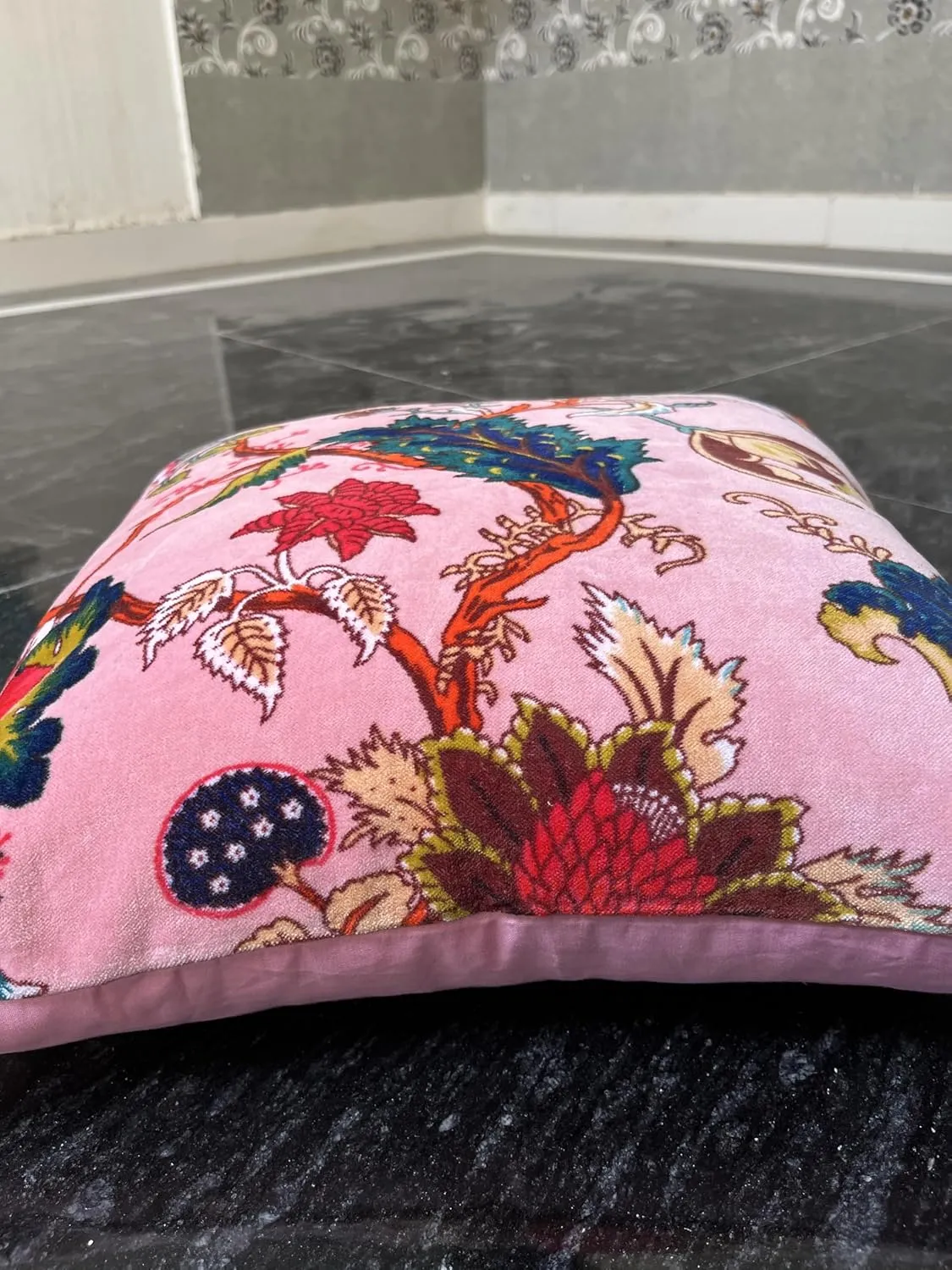 Velvet Floral Flower Throw Pillow Cover, Couch Bohemian Accent, 18 x 18 inches, Colorful Boho Chic (Pink, 24" x 24")