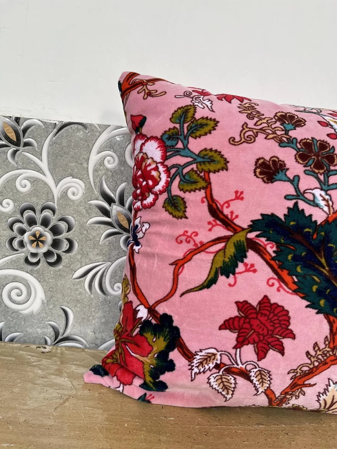 Velvet Floral Flower Throw Pillow Cover, Couch Bohemian Accent, 18 x 18 inches, Colorful Boho Chic (Pink, 24" x 24")