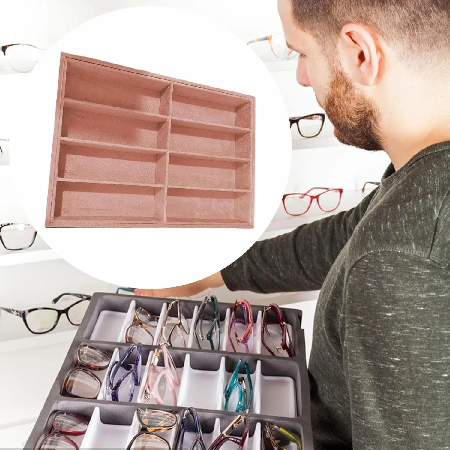 Velvet Glasses Display Tray, Sunglasses Organizer Watch Holder, Sunglasses Jewelry Organizer Eyewear Storage Box for Bedroom, Pink