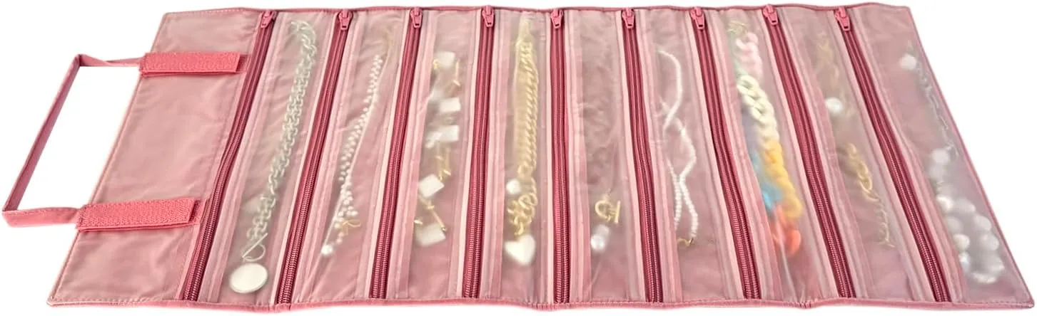 Velvet Travel Jewelry Case Roll Bag Organizer for Necklace, 9 Zipped Grids, Blush Pink