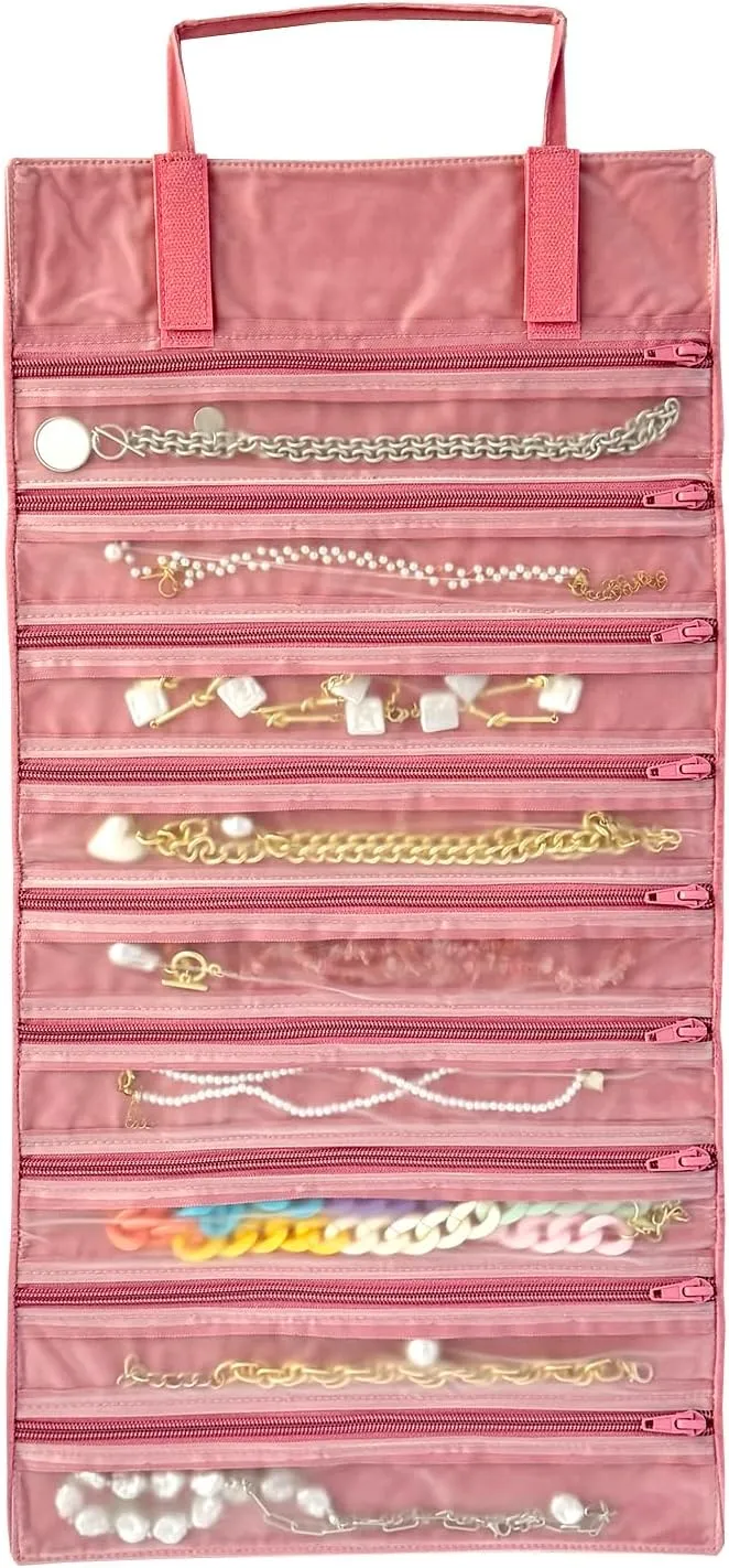 Velvet Travel Jewelry Case Roll Bag Organizer for Necklace, 9 Zipped Grids, Blush Pink