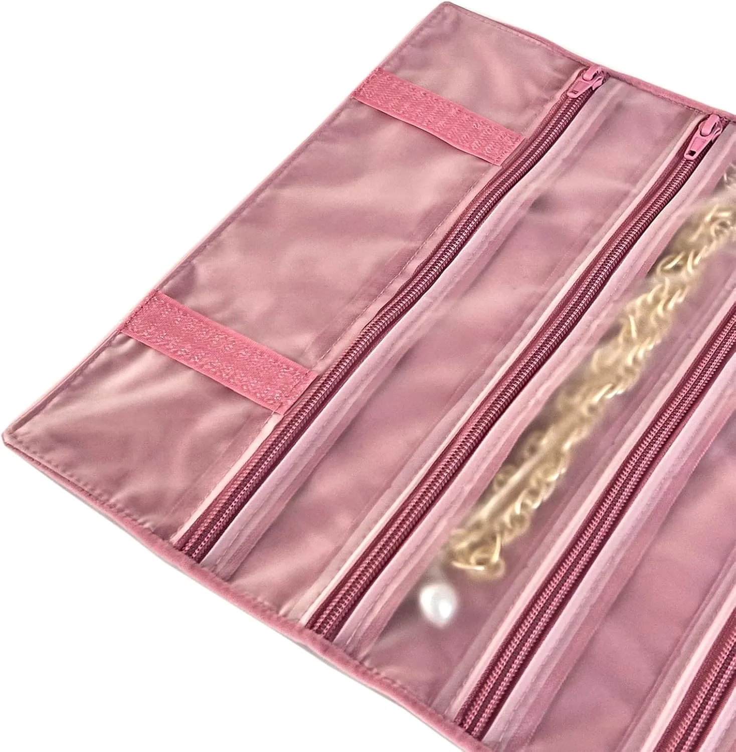 Velvet Travel Jewelry Case Roll Bag Organizer for Necklace, 9 Zipped Grids, Blush Pink