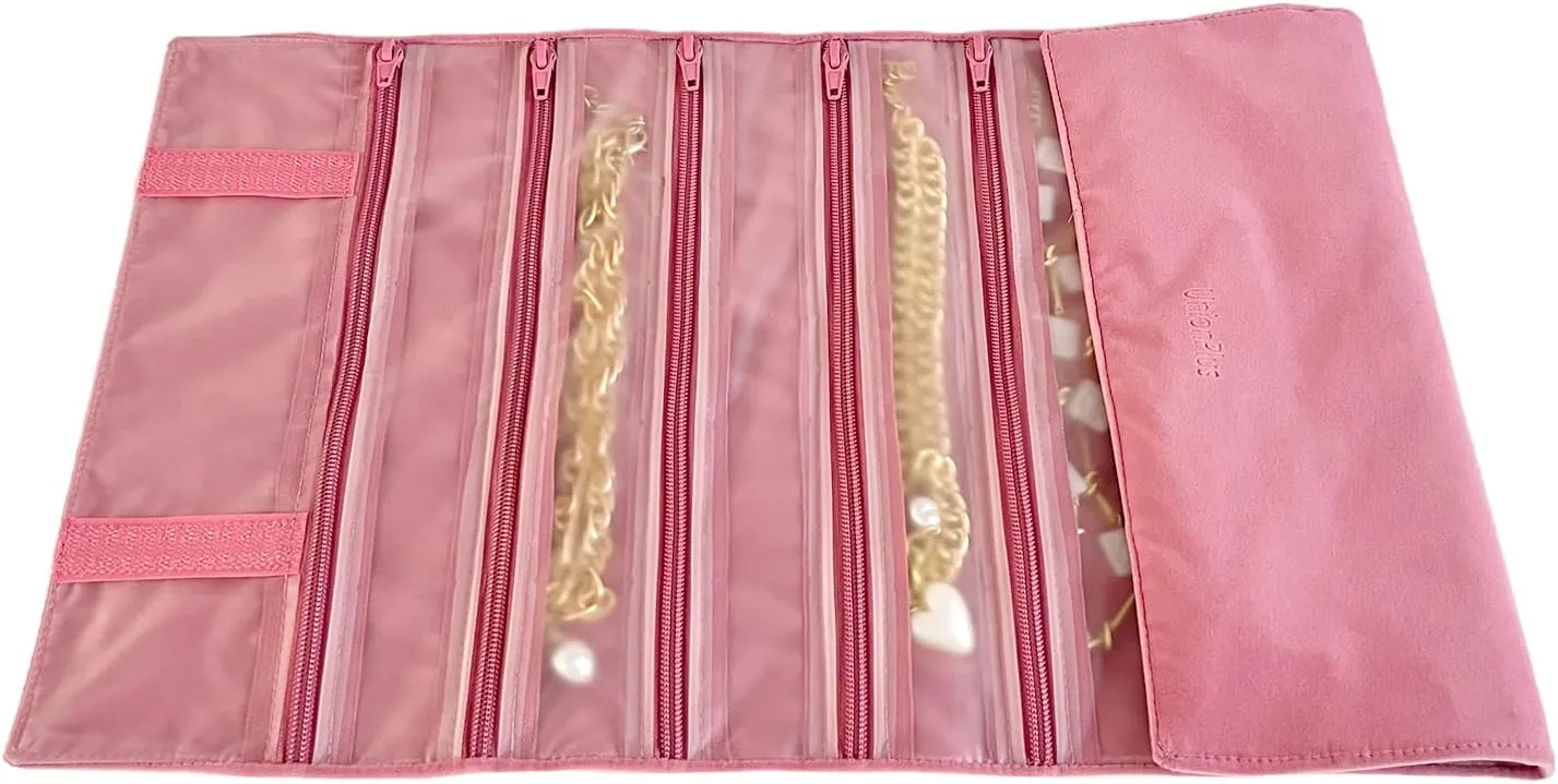Velvet Travel Jewelry Case Roll Bag Organizer for Necklace, 9 Zipped Grids, Blush Pink