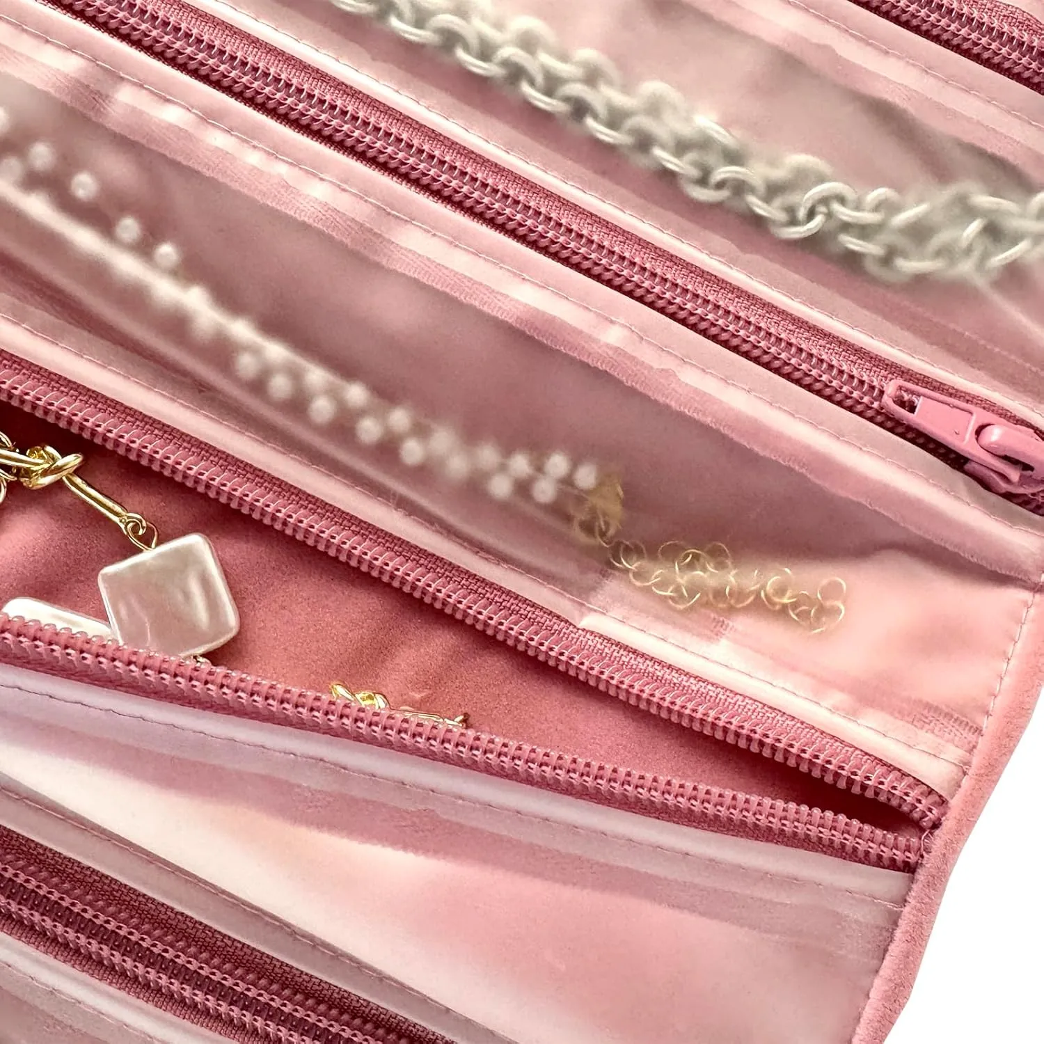 Velvet Travel Jewelry Case Roll Bag Organizer for Necklace, 9 Zipped Grids, Blush Pink