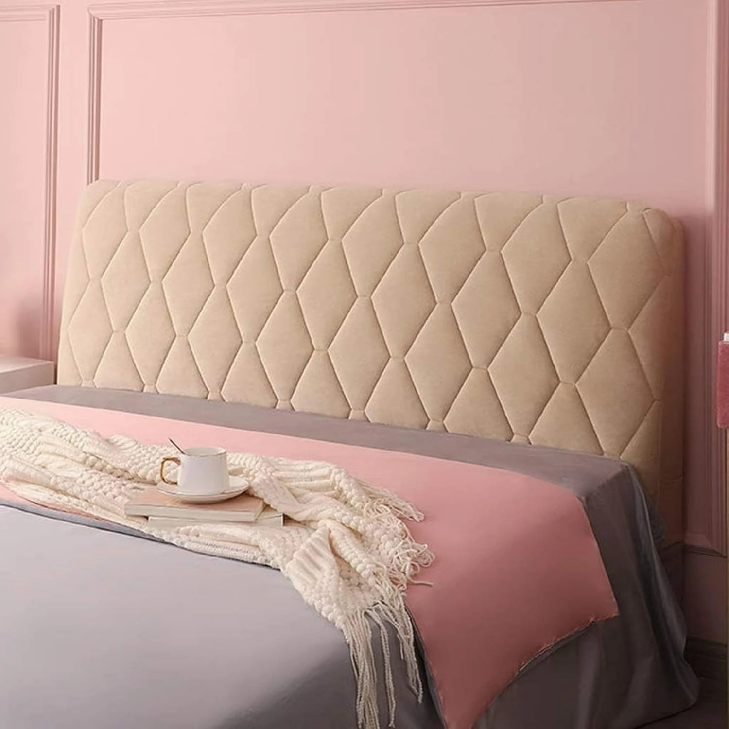 Velvet Bed Headboard Cover for Queen Twin Full King Size, Quilted Bed Headboard Slipcover Thicken Dustproof Headboard Padding Protector Cover (Camel,Full:140cm(55"))
