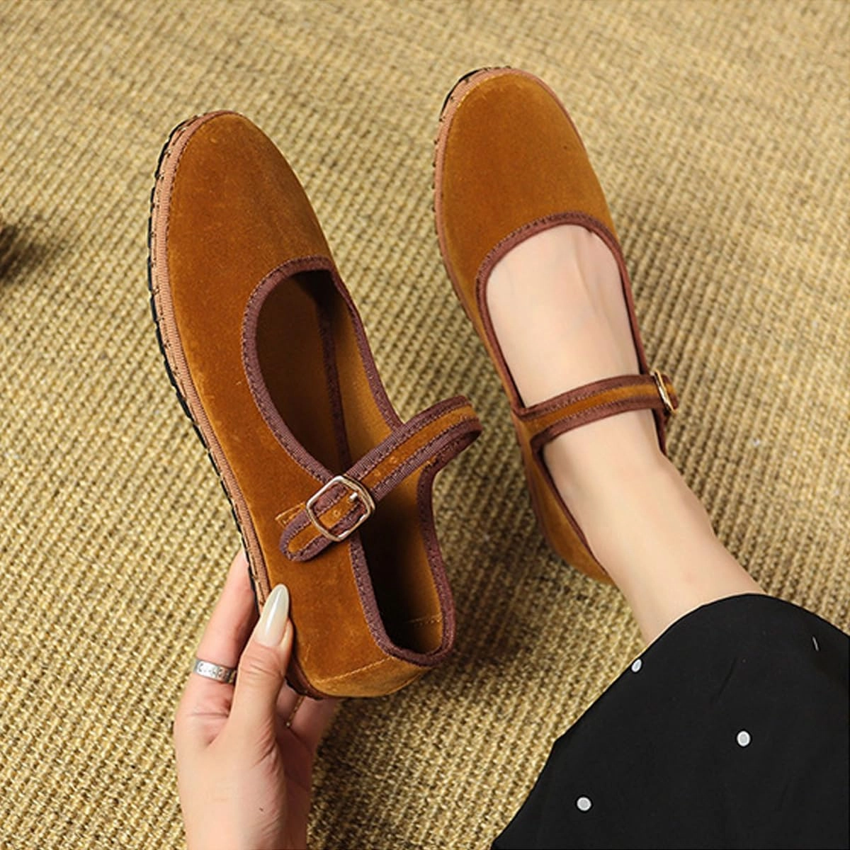 Velvet Mary Janes Women Red Ballet Flats Fall 2024 Y2k Shoes Burgundy Flat Shoes Suede Mary Jane Flats