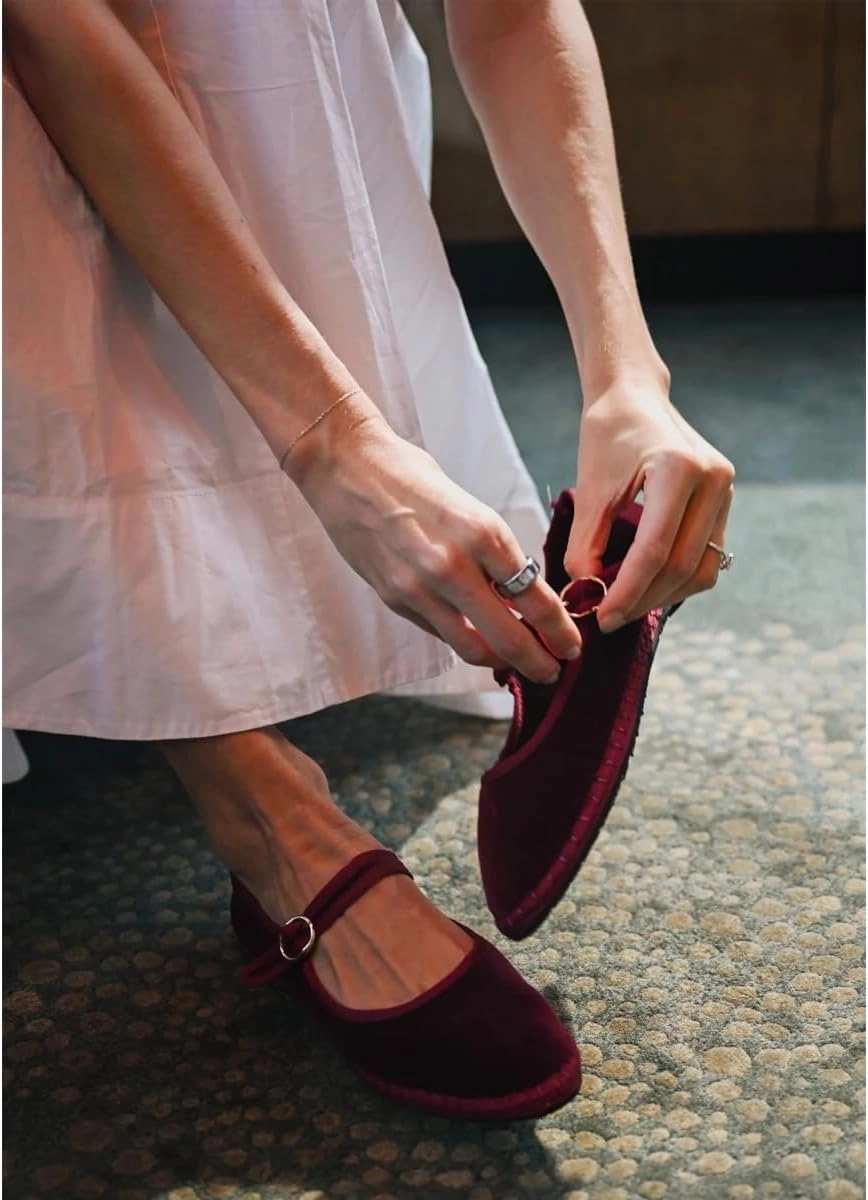 Velvet Mary Janes Women Red Ballet Flats Fall 2024 Y2k Shoes Burgundy Flat Shoes Suede Mary Jane Flats