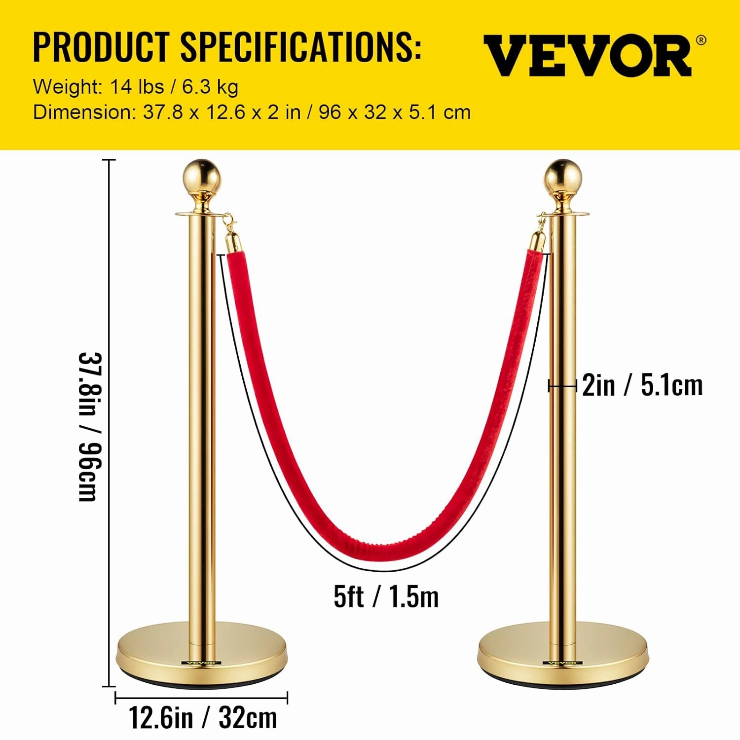 VEVOR Velvet Ropes and Posts 8 Pcs, 5 ft Red Velvet Rope, Stanchion Post with Ball Top, Crowd Control Barriers Gold Stanchions, Red Carpet Poles, Crowd Control Ropes and Poles for Party Supplies