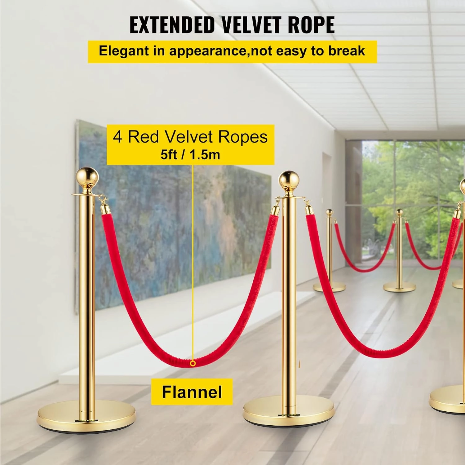 VEVOR Velvet Ropes and Posts 8 Pcs, 5 ft Red Velvet Rope, Stanchion Post with Ball Top, Crowd Control Barriers Gold Stanchions, Red Carpet Poles, Crowd Control Ropes and Poles for Party Supplies