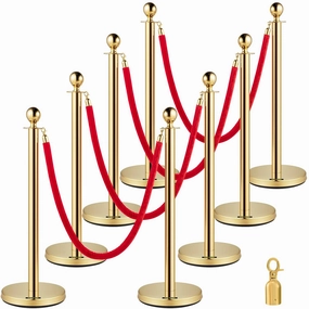 VEVOR Velvet Ropes and Posts 8 Pcs, 5 ft Red Velvet Rope, Stanchion Post with Ball Top, Crowd Control Barriers Gold Stanchions, Red Carpet Poles, Crowd Control Ropes and Poles for Party Supplies