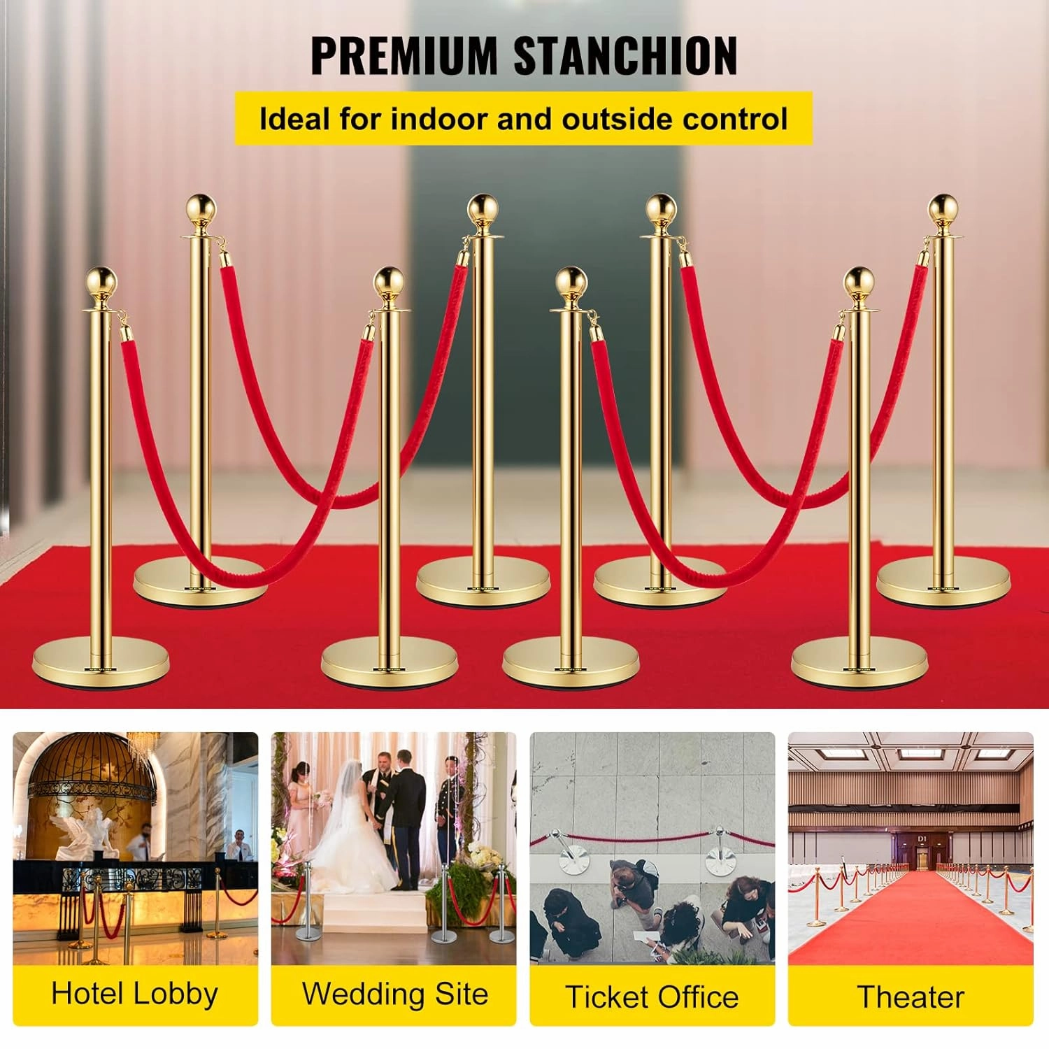 VEVOR Velvet Ropes and Posts 8 Pcs, 5 ft Red Velvet Rope, Stanchion Post with Ball Top, Crowd Control Barriers Gold Stanchions, Red Carpet Poles, Crowd Control Ropes and Poles for Party Supplies