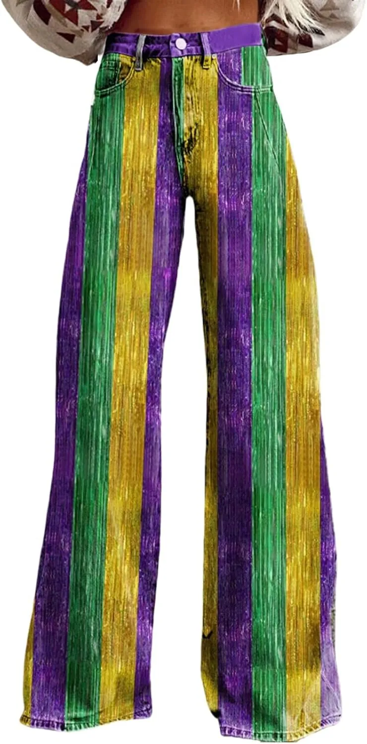 Vintage Flare Jeans for Women Wide Leg Baggy Pant Floral Print High Waisted Straight Stretch Pants with Pockets