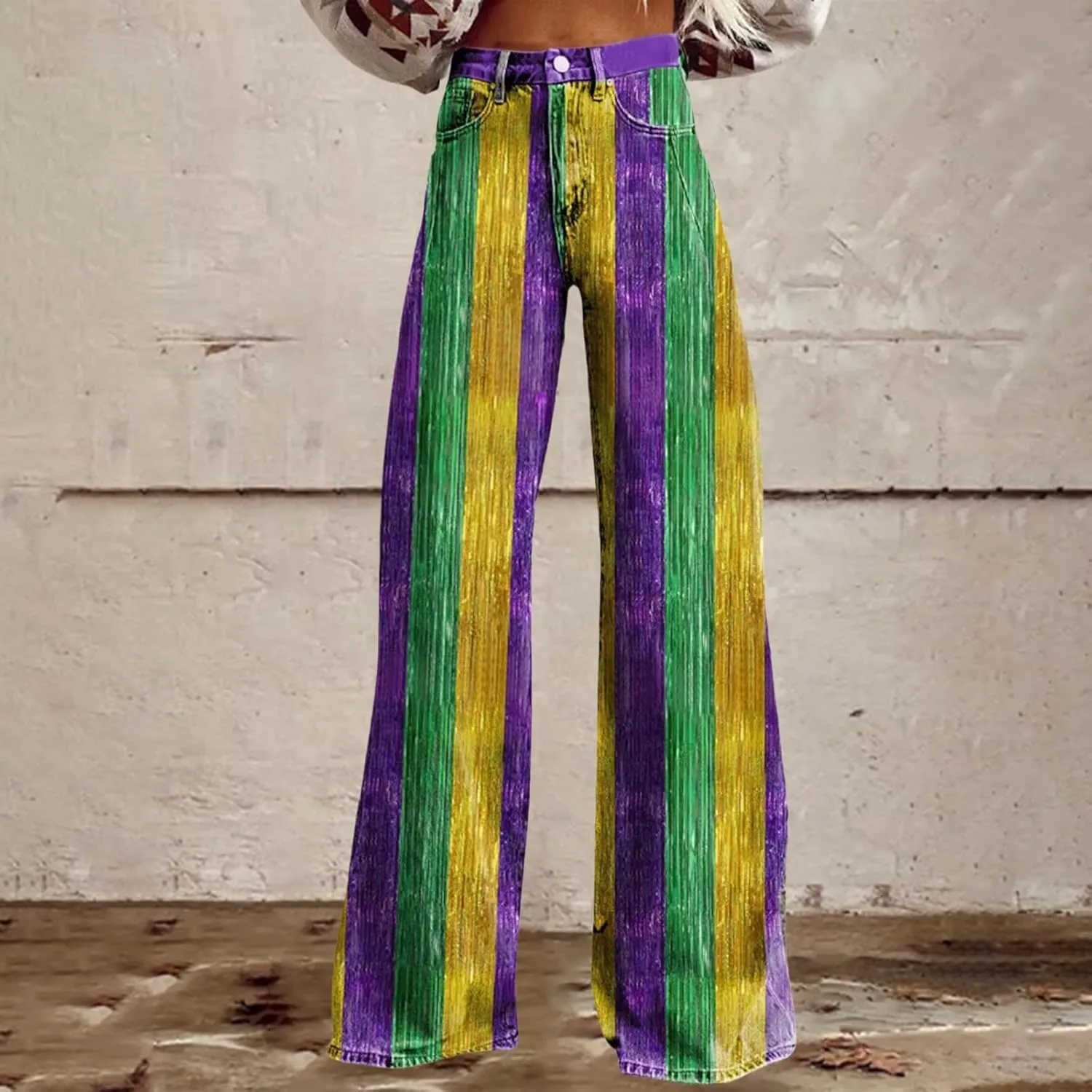 Vintage Flare Jeans for Women Wide Leg Baggy Pant Floral Print High Waisted Straight Stretch Pants with Pockets