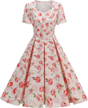 Vintage Floral Midi Dress for Women 1950s Style Short Sleeve A-Line Swing Dress Summer Elegant Fit and Flare Dress