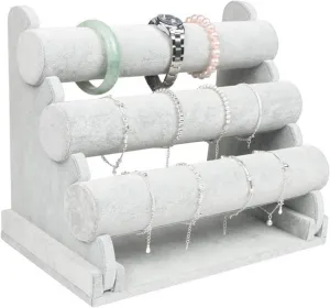 Vintage Leather Velvet Bracelet Chain Watch Bar Rack Jewelry Organizer Hard Display Stand Holder (Color : 3 Layers PU Black) (Single Layer Beige) (3layers Velvet Gray)