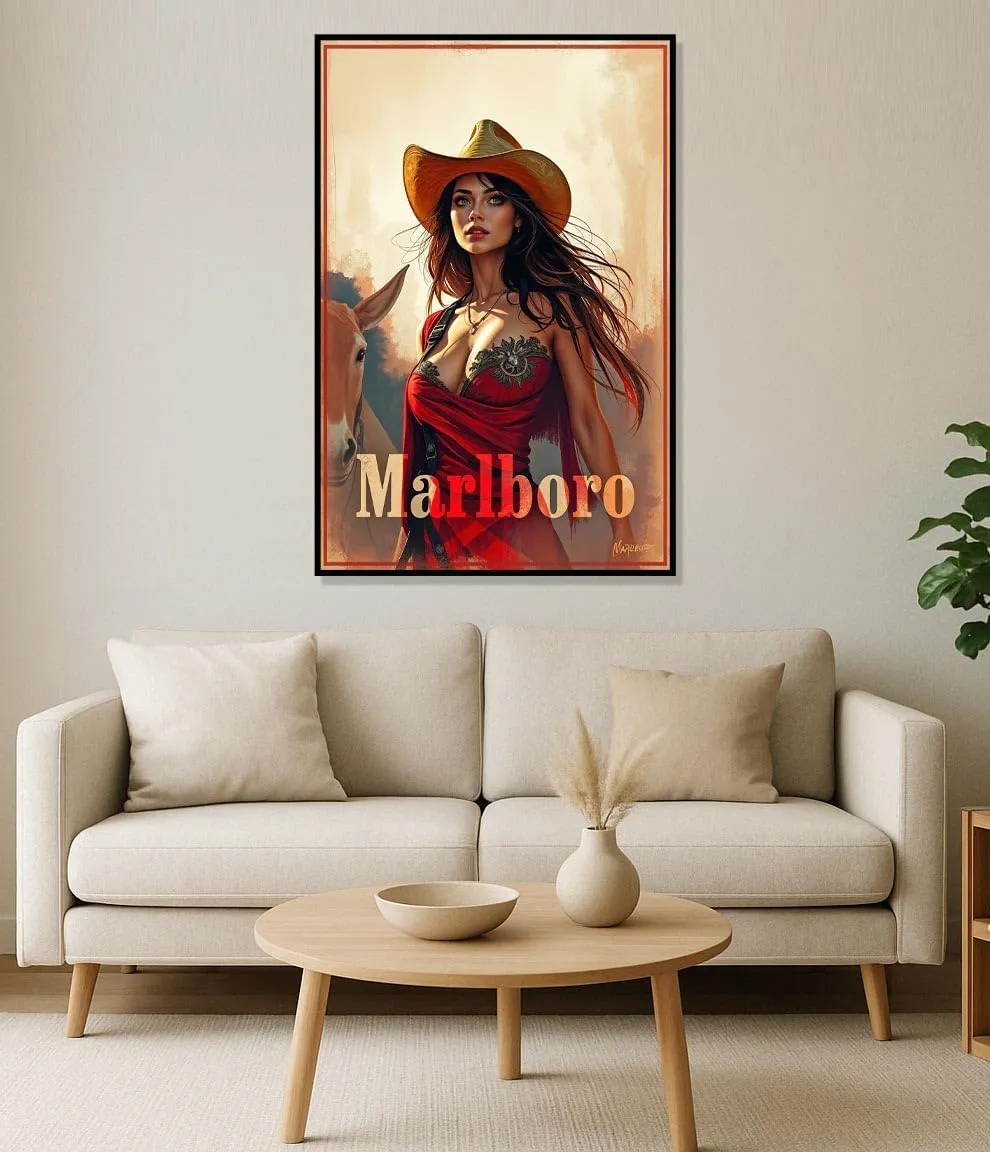 Vintage Marlboro-Inspired Western Poster Print – Sensual Cowgirl Retro Tobacco Wall Art
