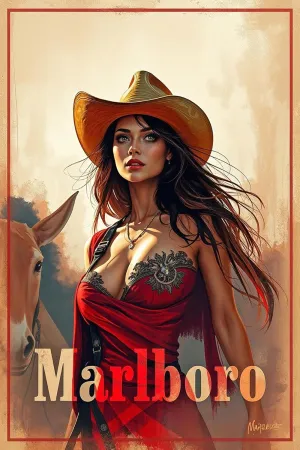Vintage Marlboro-Inspired Western Poster Print – Sensual Cowgirl Retro Tobacco Wall Art