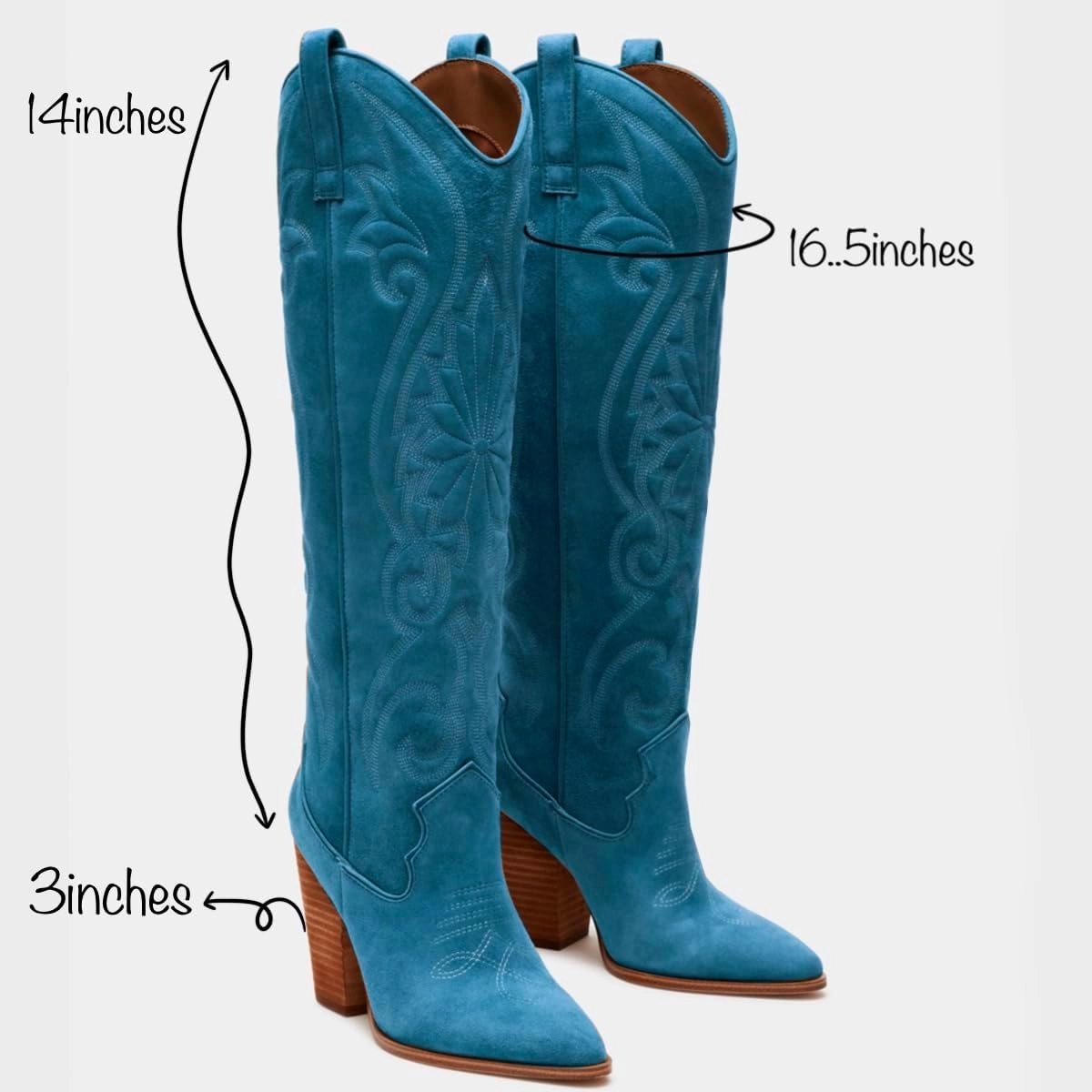 Vintage Embroidered Cowboy Boots Women Knee High Western Boots Suede High Chunky Stacked Heel Pointed Toe Tall Cowgirl Boots Satin Studded Combat Boot Pull On Fall Winter Dressy 4-11 M US