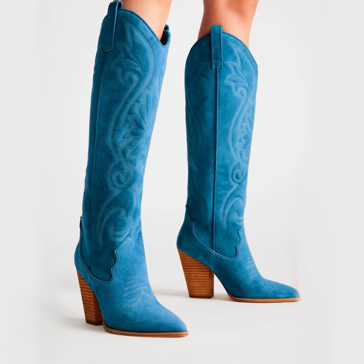 Vintage Embroidered Cowboy Boots Women Knee High Western Boots Suede High Chunky Stacked Heel Pointed Toe Tall Cowgirl Boots Satin Studded Combat Boot Pull On Fall Winter Dressy 4-11 M US
