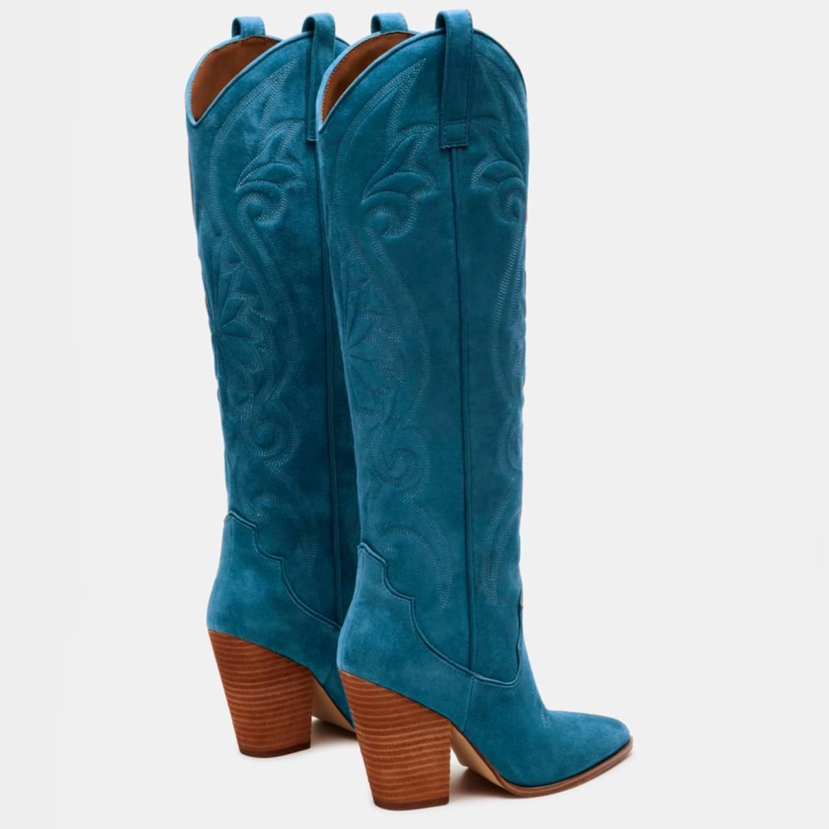 Vintage Embroidered Cowboy Boots Women Knee High Western Boots Suede High Chunky Stacked Heel Pointed Toe Tall Cowgirl Boots Satin Studded Combat Boot Pull On Fall Winter Dressy 4-11 M US